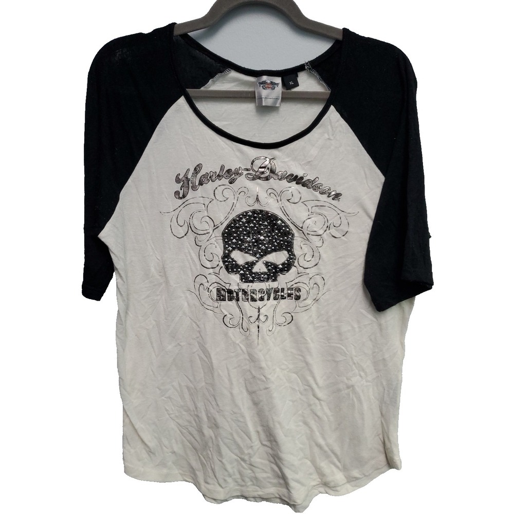 Harley-Davidson Shirt Raglan Black White Skull Rhinestone Biker Moto Tee XL